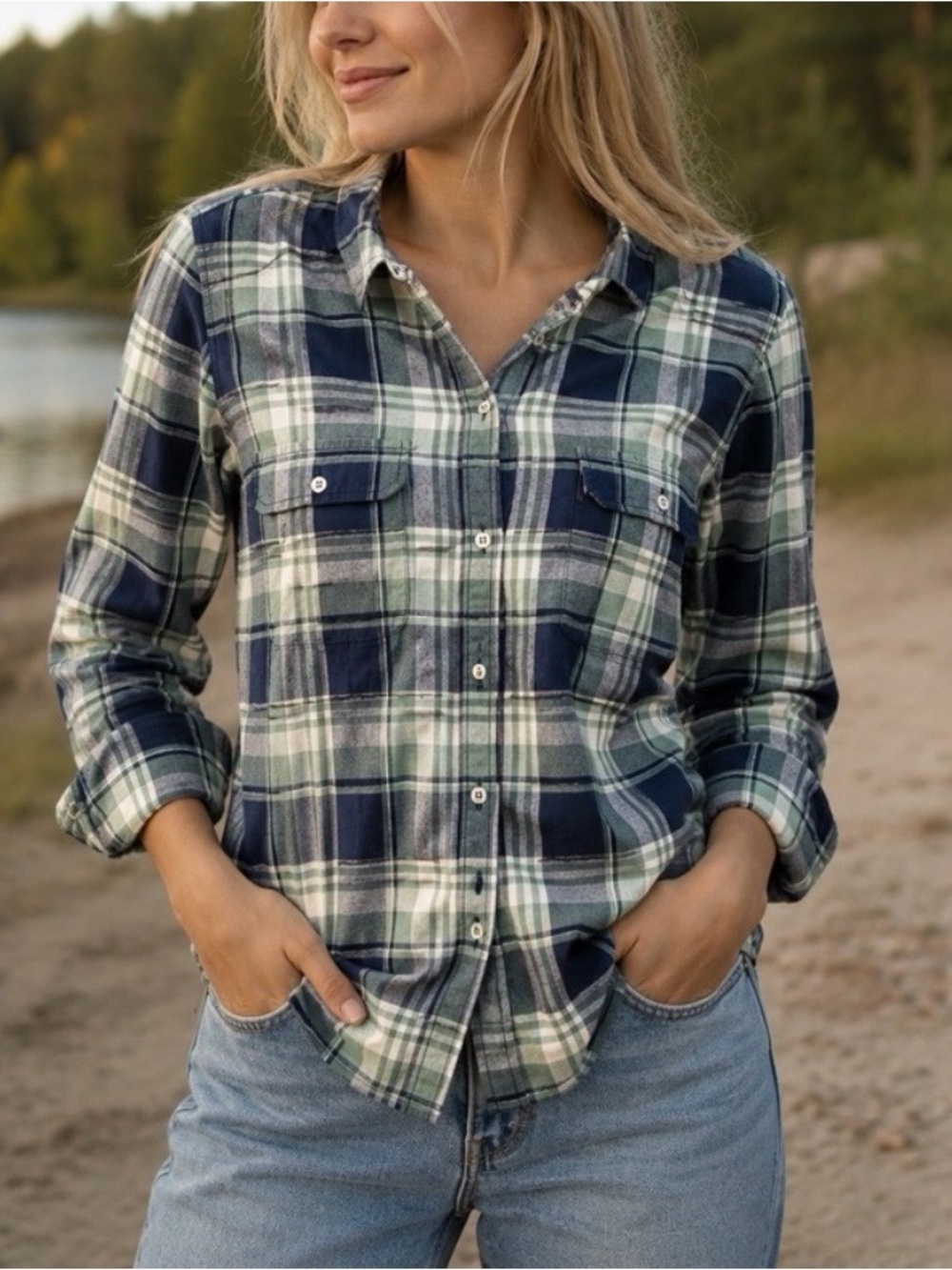 PAIGE Navy and Green Plaid Button-Down Shirt - Women’s Size Small